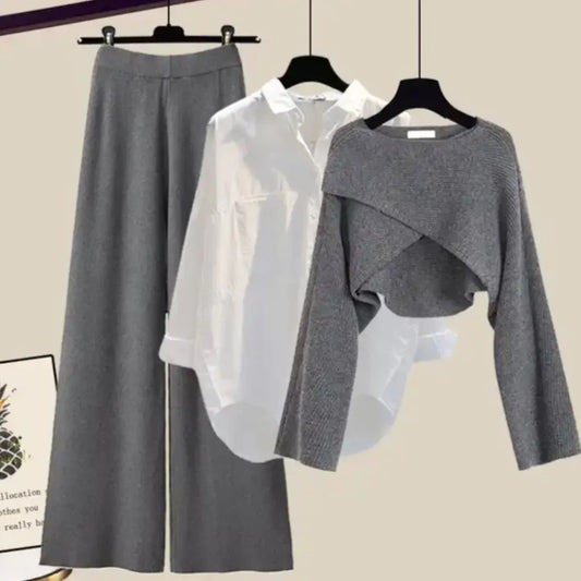 Women's 3-Piece Casual Office Layered Outfit Set – Relaxed Trousers, White Shirt & Asymmetric Knit Top