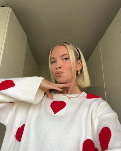 Women's Oversized Heart Pattern Lounge Sweater – Cozy Relaxed Fit Casual Pullover