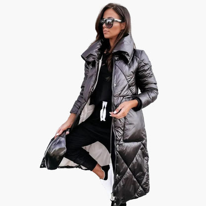 Women's Long Quilted Winter Parka with High Collar – Elegant Puffer Coat for Cold Weather
