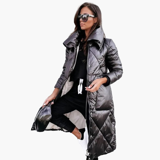 Women's Long Quilted Winter Parka with High Collar – Elegant Puffer Coat for Cold Weather