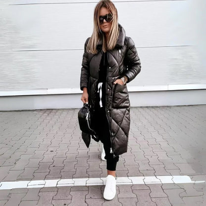 Women's Long Quilted Winter Parka with High Collar – Elegant Puffer Coat for Cold Weather