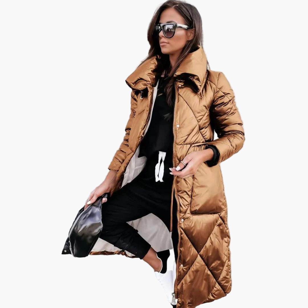 Women's Long Quilted Winter Parka with High Collar – Elegant Puffer Coat for Cold Weather