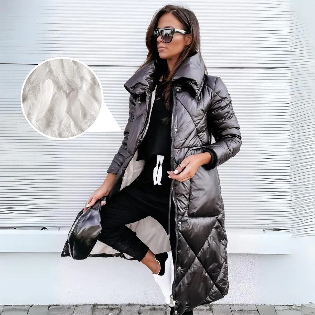 Women's Long Quilted Winter Parka with High Collar – Elegant Puffer Coat for Cold Weather