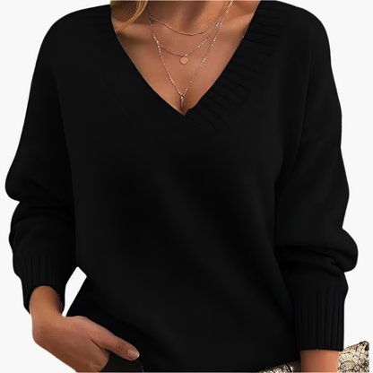 Women's Classic V-Neck Knit Sweater – Relaxed Fit, Long Sleeve, Everyday Style