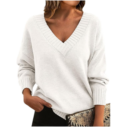 Women's Classic V-Neck Knit Sweater – Relaxed Fit, Long Sleeve, Everyday Style