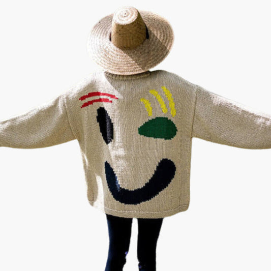 Women's Playful Abstract Face Knit Sweater - Feel-Good Statement Casual Pullover