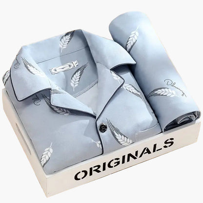 Men's Classic Wheat Print Pajama Set, Long Sleeve Loungewear, Stylish Sleepwear for Home Comfort