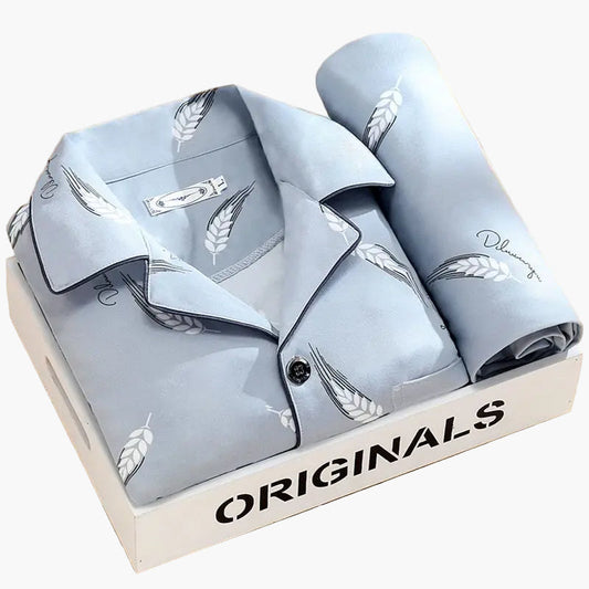 Men's Classic Wheat Print Pajama Set, Long Sleeve Loungewear, Stylish Sleepwear for Home Comfort