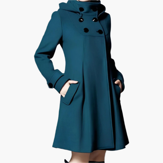 Women's Vintage A-Line Winter Coat with Hood and Double-Breasted Buttons - Elegant Warm Outerwear