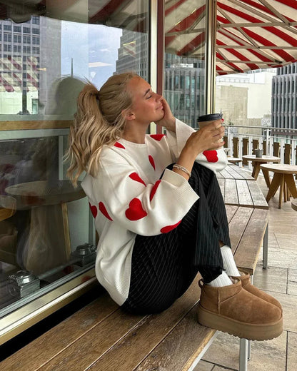 Women's Oversized Heart Pattern Lounge Sweater – Cozy Relaxed Fit Casual Pullover