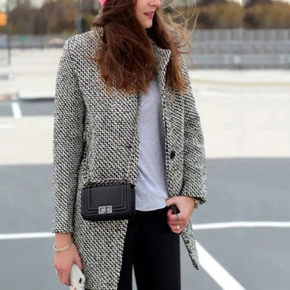 Women's Classic Houndstooth Blazer Coat – Elegant Longline Jacket for Office & Everyday Style