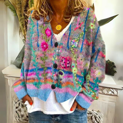Women's Boho Artistic Floral Knit Cardigan Sweater - Cozy Loose Fit Statement Layer