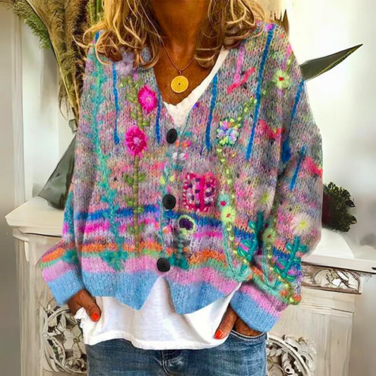 Women's Boho Artistic Floral Knit Cardigan Sweater - Cozy Loose Fit Statement Layer