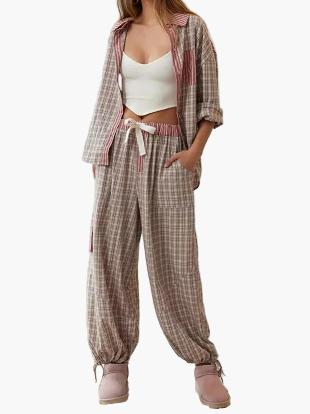 Women's Relaxed Fit Pajama Set with Plaid Accents – Casual Home & Sleepwear