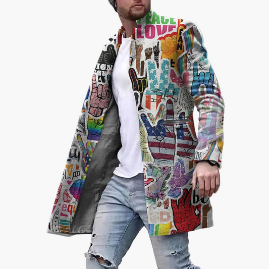 Men's Graphic Street Style Long Coat – Urban Art Print Statement Outerwear