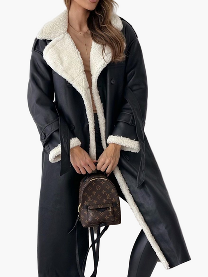 Women's Long Double-Breasted Trench Coat with Plush Teddy Collar – Elegant Winter Outerwear