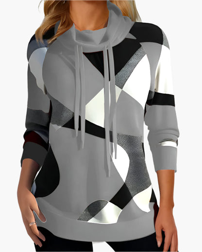 Women's Modern Graphic Print Cowl Neck Pullover Top – Casual Stylish Everyday Wear