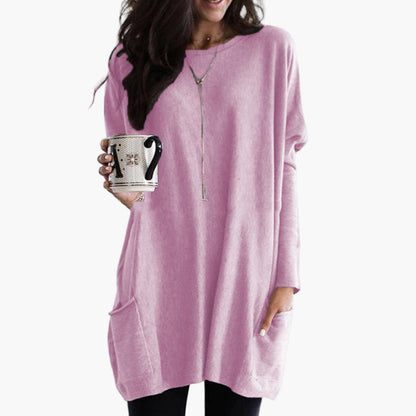 Women's Casual Long Pullover Sweater with Pockets, Relaxed Fit, Cozy Everyday Tunic Top