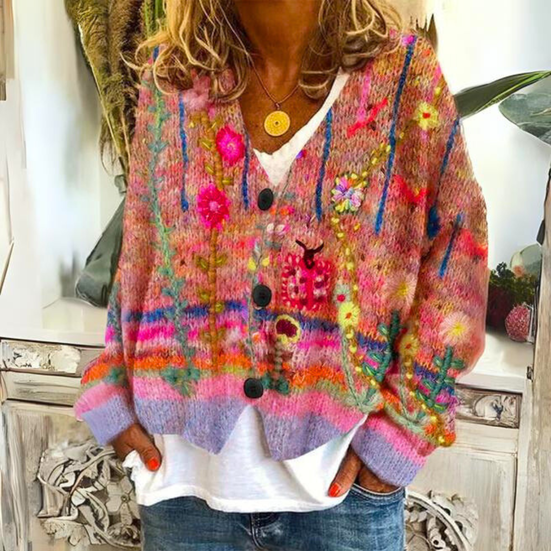 Women's Boho Artistic Floral Knit Cardigan Sweater - Cozy Loose Fit Statement Layer
