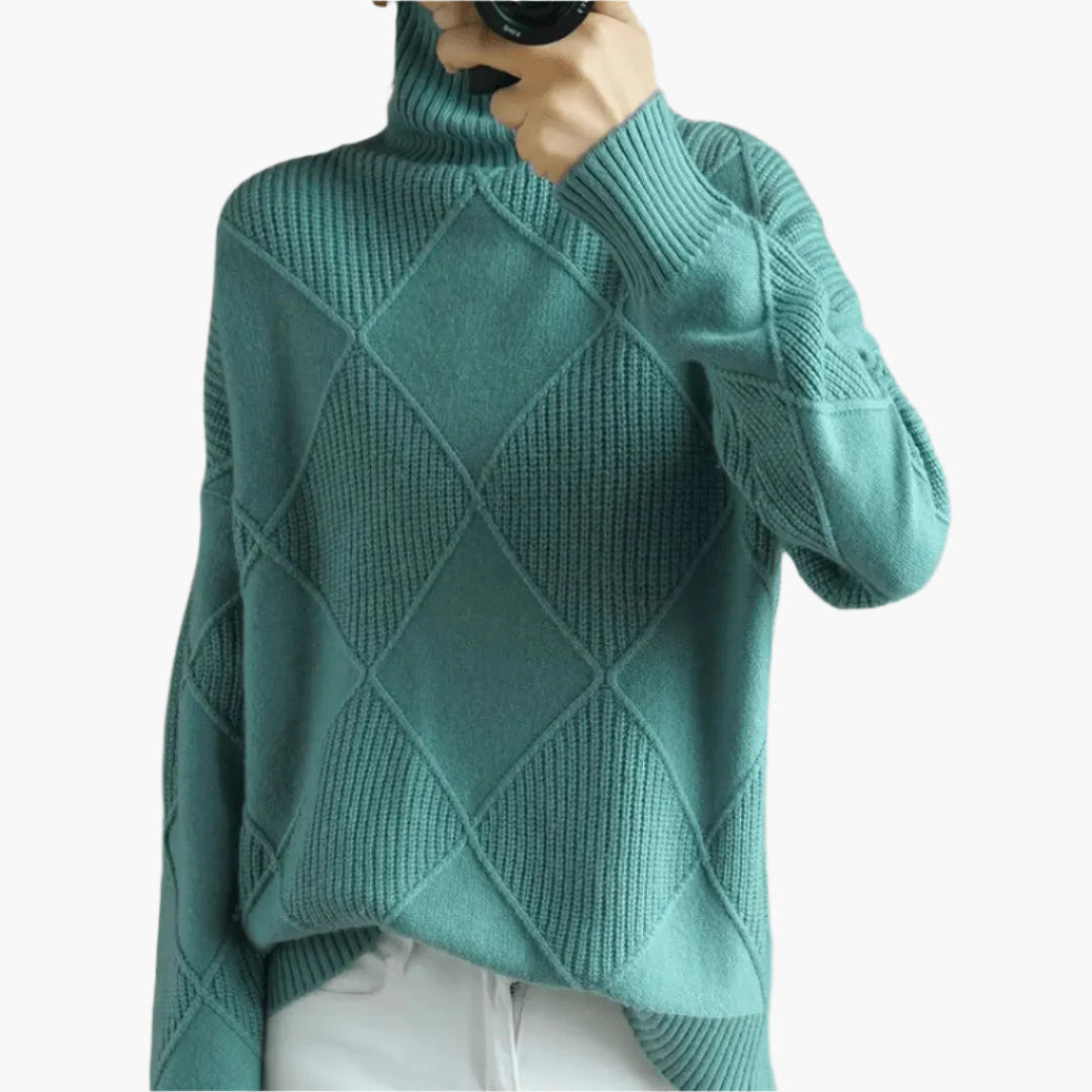 Women's Modern Diamond Pattern Turtleneck Knit Sweater - Trendy Casual Pullover