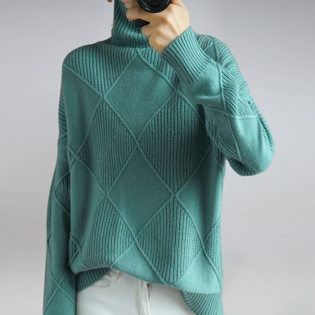 Women's Diamond Pattern Knit Sweater Casual Pullover for Everyday Style