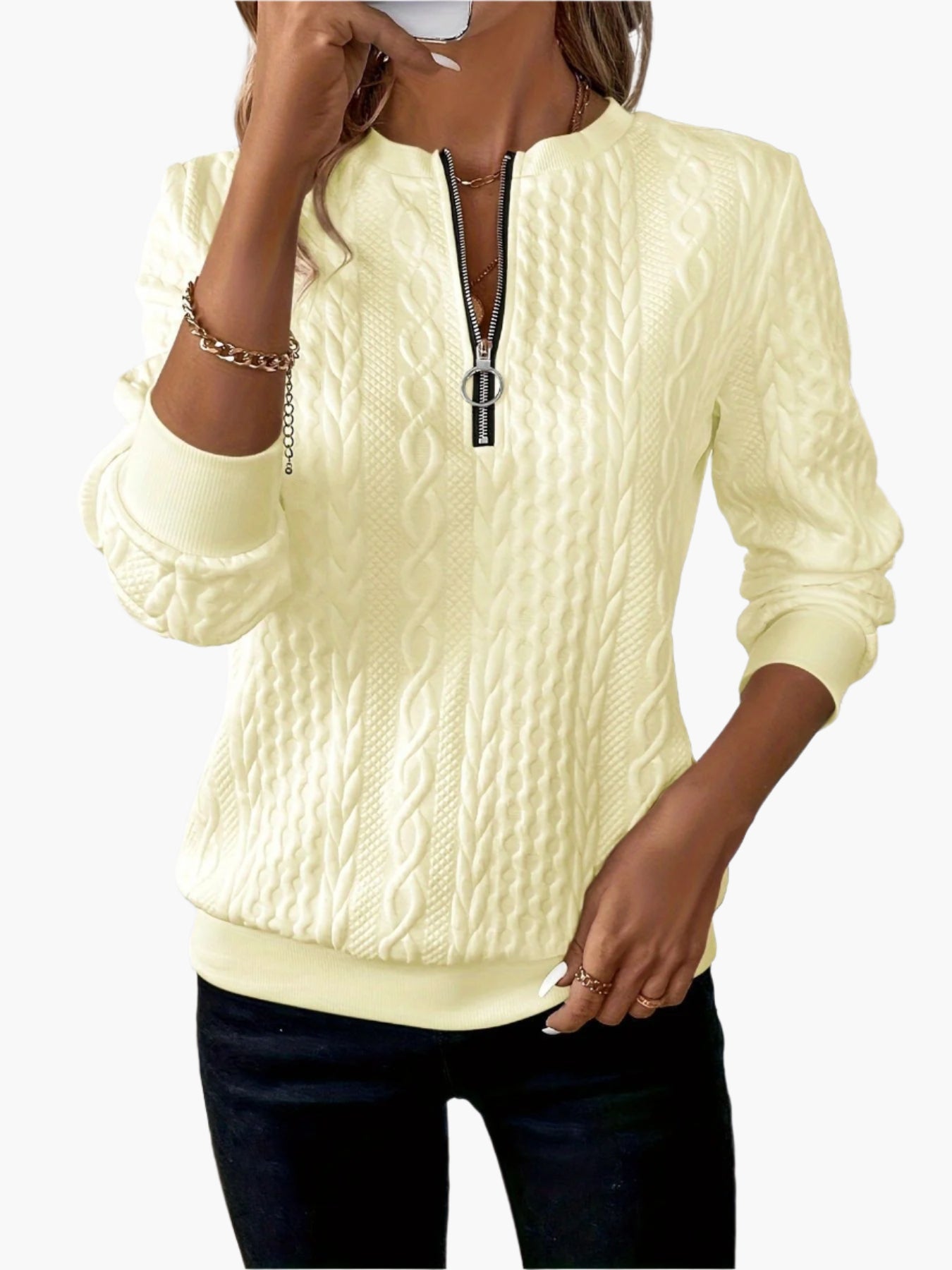 Women's Cable Knit Zip Up Sweater – Casual Modern Pullover for Everyday Style