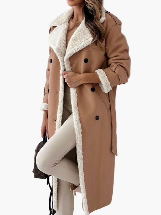 Women's Long Double-Breasted Trench Coat with Plush Teddy Collar – Elegant Winter Outerwear