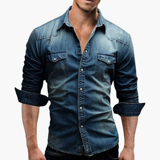 Men's Western-Style Denim Shirt Classic Snap Button Casual Fashion