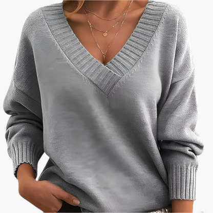 Women's Classic V-Neck Knit Sweater – Relaxed Fit, Long Sleeve, Everyday Style