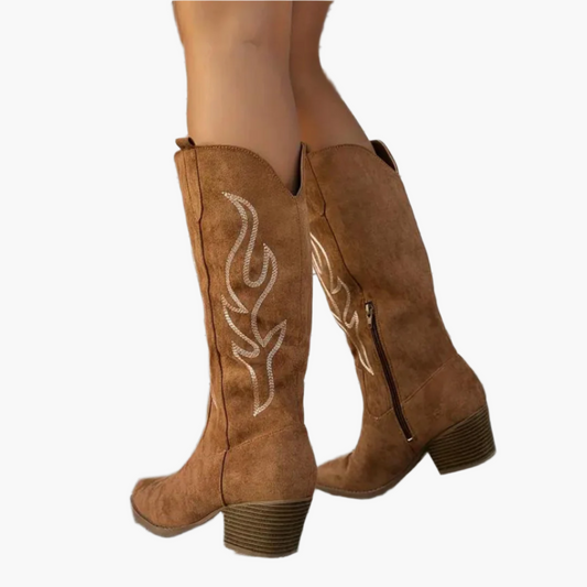Women's Western Knee-High Cowboy Boots with Embroidered Detail – Fashion Block Heel Festival Boots