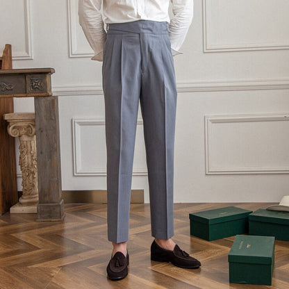 Men's High-Waisted Pleated Formal Trousers with Adjustable Side Buckle - Tailored Business and Occasion Pants