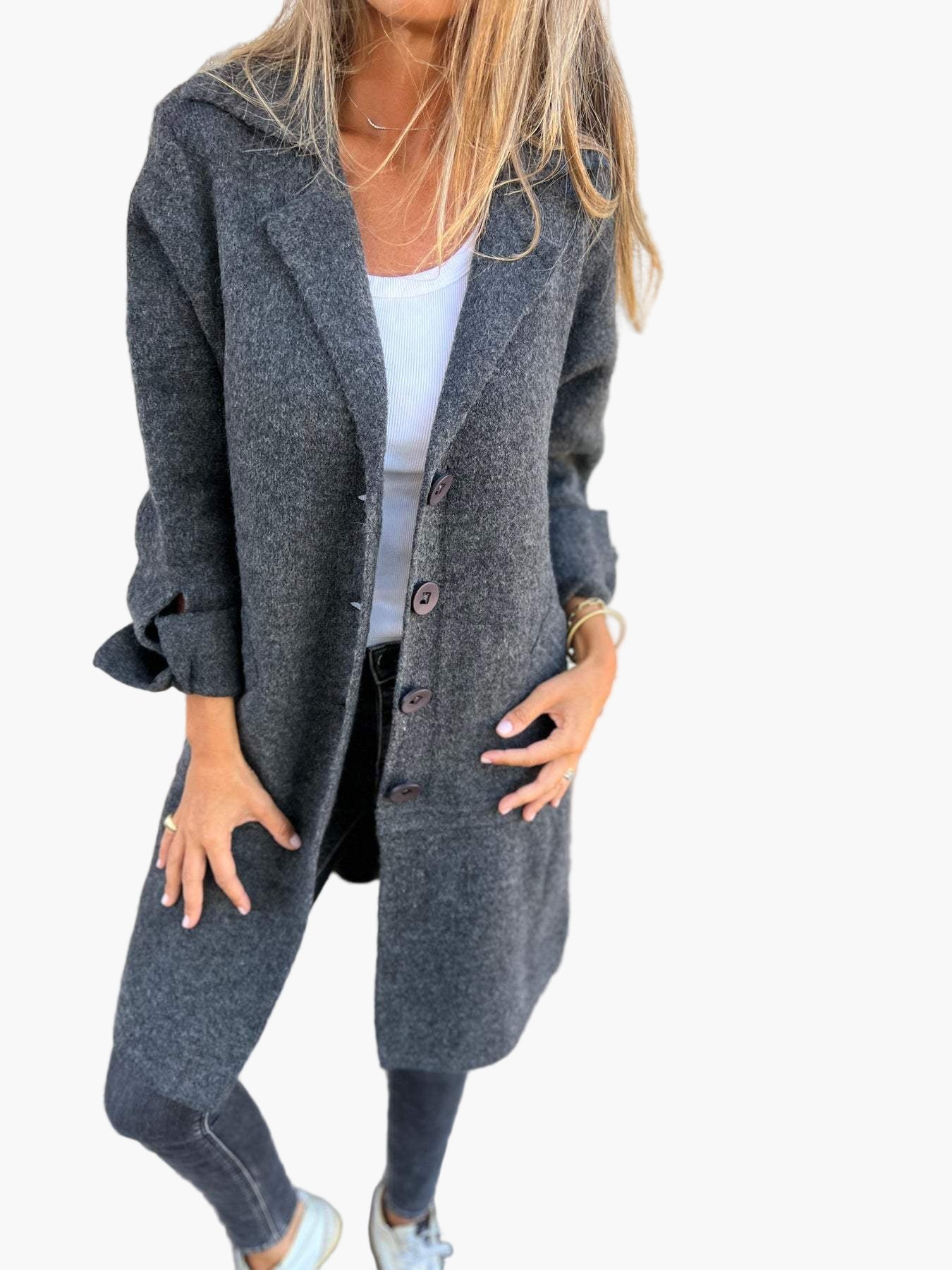Women's Casual Long Lapel Coat with Turn-Up Sleeves – Trendy Everyday Outerwear