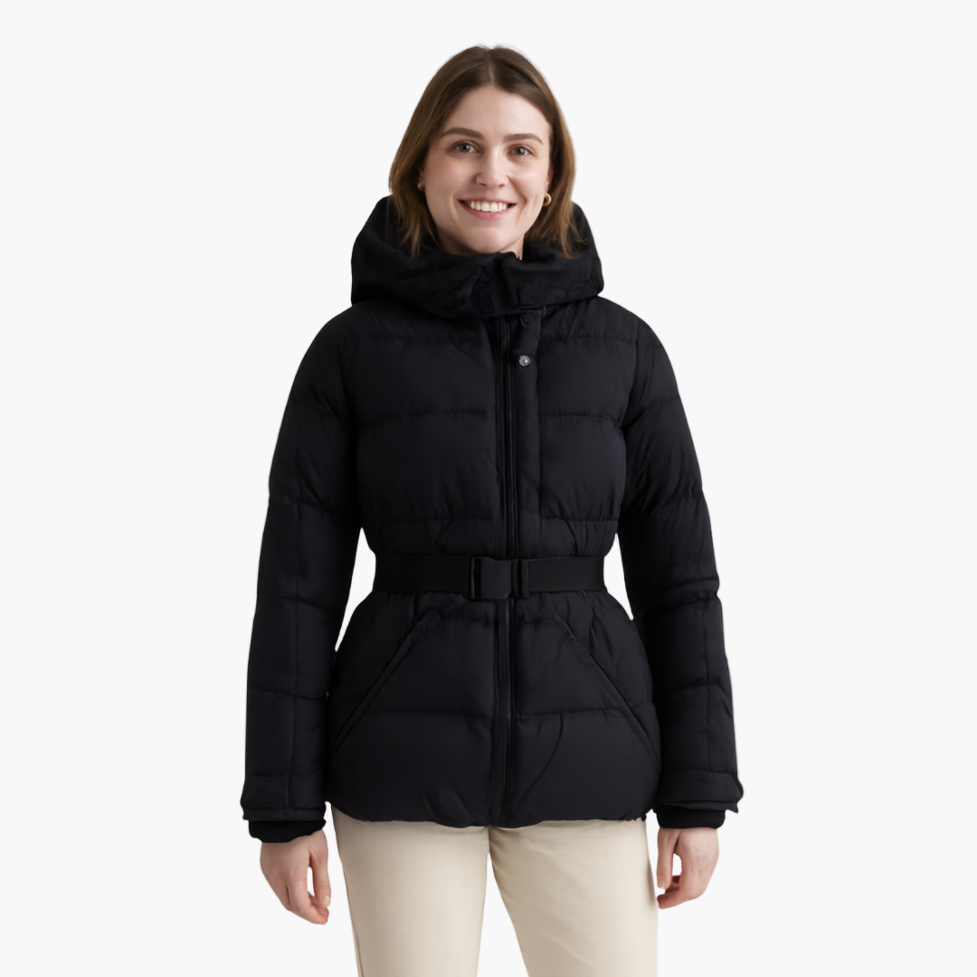 Women's Stylish Belted Puffer Jacket with Hood – Winter Fashion Outerwear