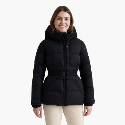 Women's Stylish Belted Puffer Jacket with Hood – Winter Fashion Outerwear
