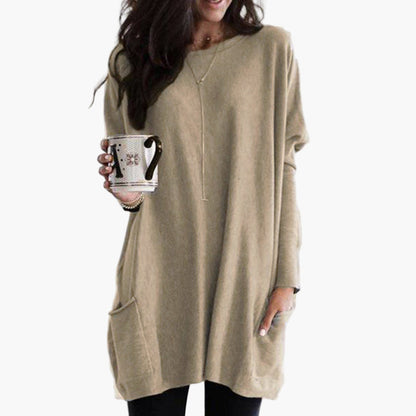 Women's Casual Long Pullover Sweater with Pockets, Relaxed Fit, Cozy Everyday Tunic Top