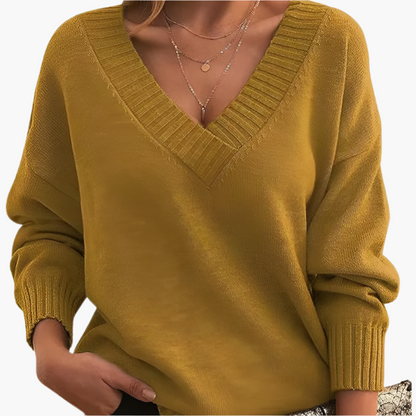 Women's Classic V-Neck Knit Sweater – Relaxed Fit, Long Sleeve, Everyday Style