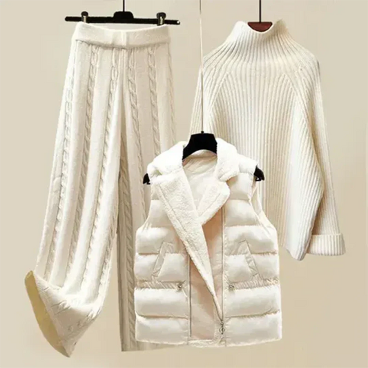 Women's 3-Piece Cozy Knit Sweater, Wide-Leg Pants & Puffer Vest Set – Casual Winter Fashion Outfit