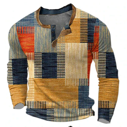 Men's Patchwork Henley Long Sleeve Shirt Casual Modern Style