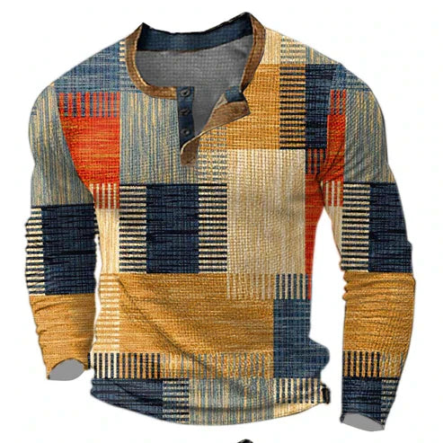 Men's Patchwork Henley Long Sleeve Shirt Casual Modern Style