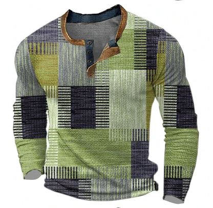 Men's Patchwork Henley Long Sleeve Shirt Casual Modern Style