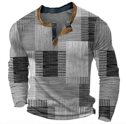 Men's Patchwork Henley Long Sleeve Shirt Casual Modern Style