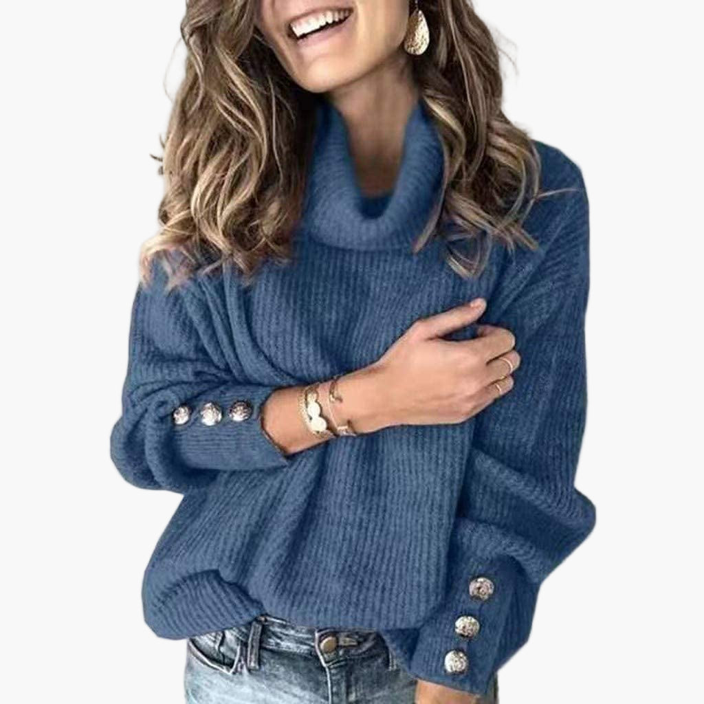 Women's Turtleneck Sweater with Button Sleeve Detail – Relaxed Fit, Casual Chic