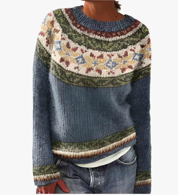 Women's Retro Boho Knit Pullover Sweater – Casual Fall Style for Everyday Comfort