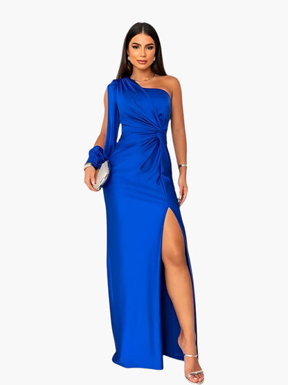 Women's One-Shoulder Evening Dress Elegant Party Gown with Waist Draping and Side Slit
