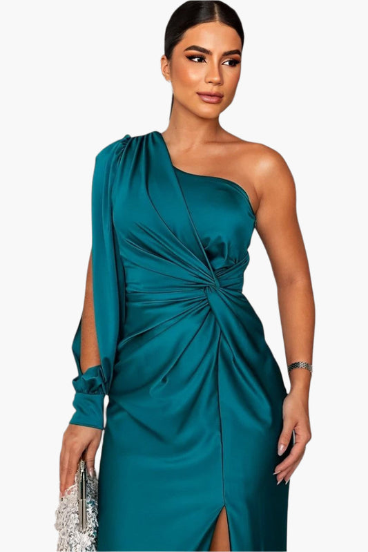 Women's One-Shoulder Evening Dress Elegant Party Gown with Waist Draping and Side Slit