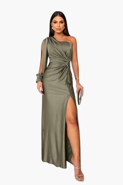 Women's One-Shoulder Evening Dress Elegant Party Gown with Waist Draping and Side Slit