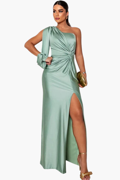 Women's One-Shoulder Evening Dress Elegant Party Gown with Waist Draping and Side Slit