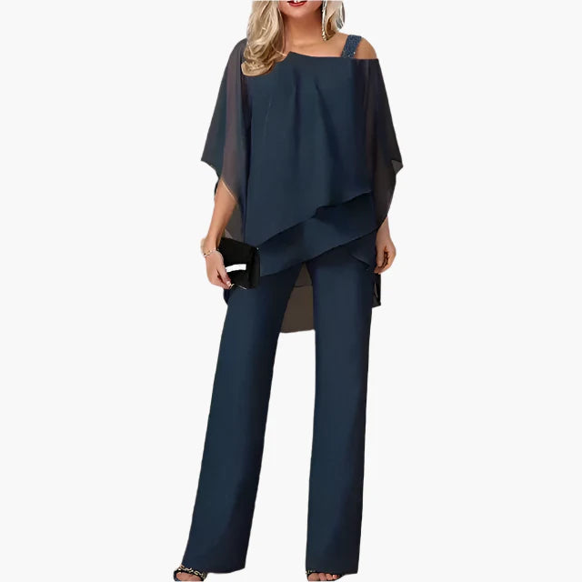 Women's Off-Shoulder Elegant Two-Piece Pants Set – Modern Asymmetric Tunic & Wide-Leg Trousers, Perfect for Parties and Formal Events