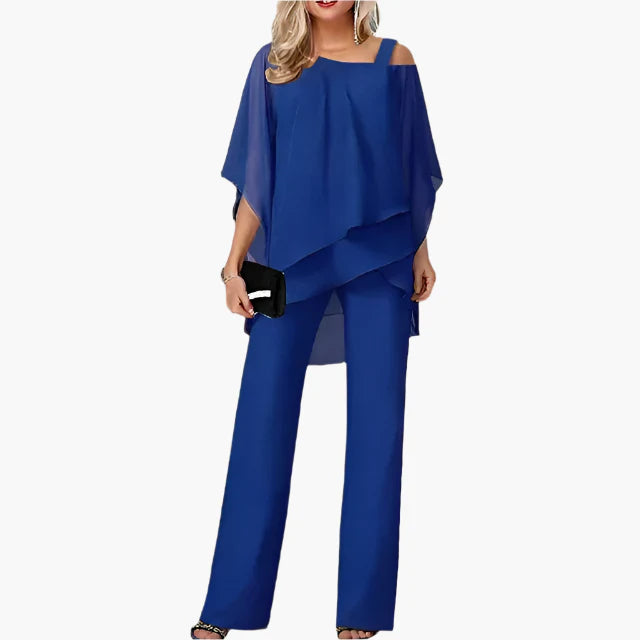 Women's Off-Shoulder Elegant Two-Piece Pants Set – Modern Asymmetric Tunic & Wide-Leg Trousers, Perfect for Parties and Formal Events