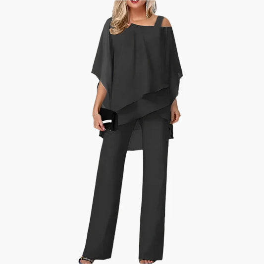 Women's Off-Shoulder Elegant Two-Piece Pants Set – Modern Asymmetric Tunic & Wide-Leg Trousers, Perfect for Parties and Formal Events